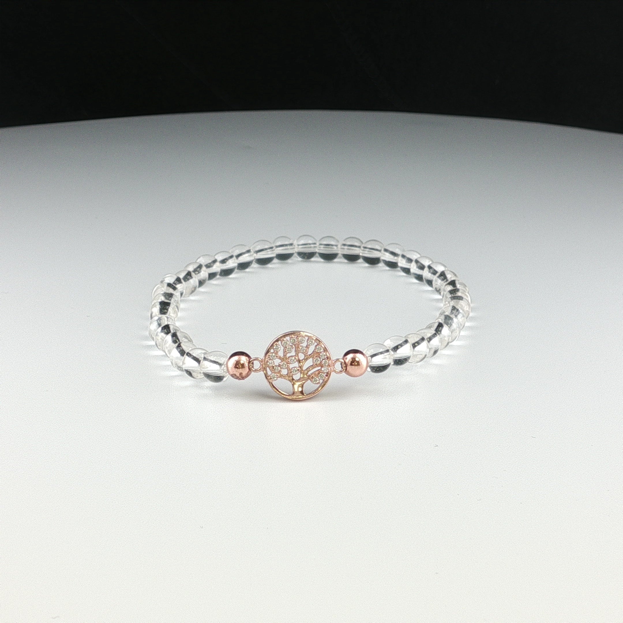 Bergkristall Armband und rosegoldenem Lebensbaum