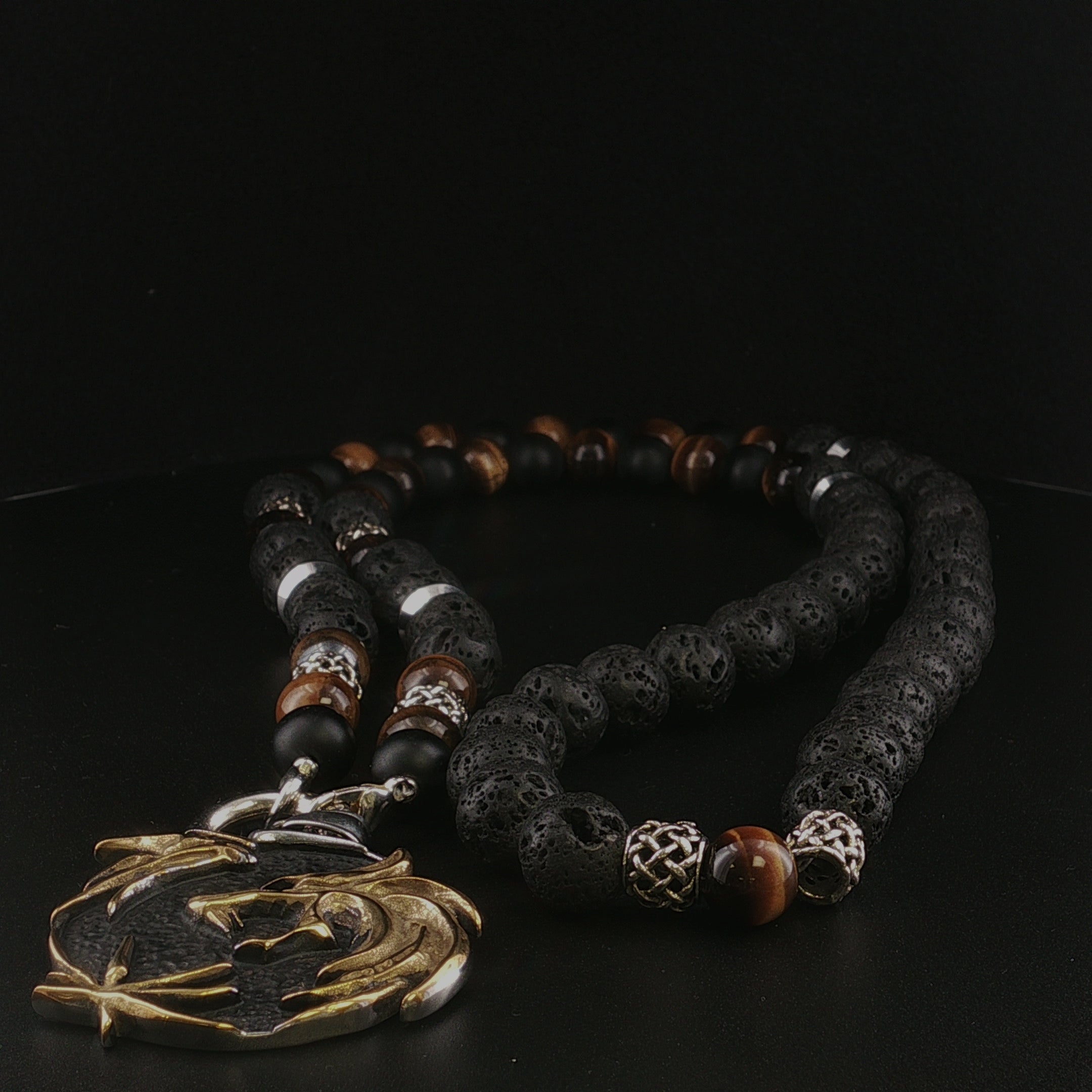 Lavastein, Onyx- und Tigerauge Halskette