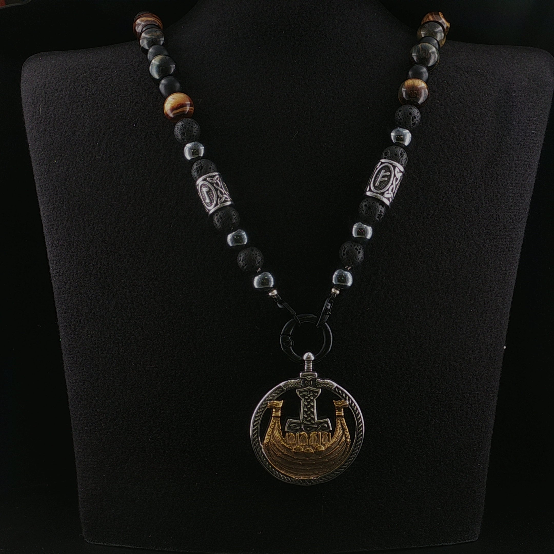 Herrenkette aus Lavastein mit Onyx-, Hämatit-Kugeln und Tigerauge