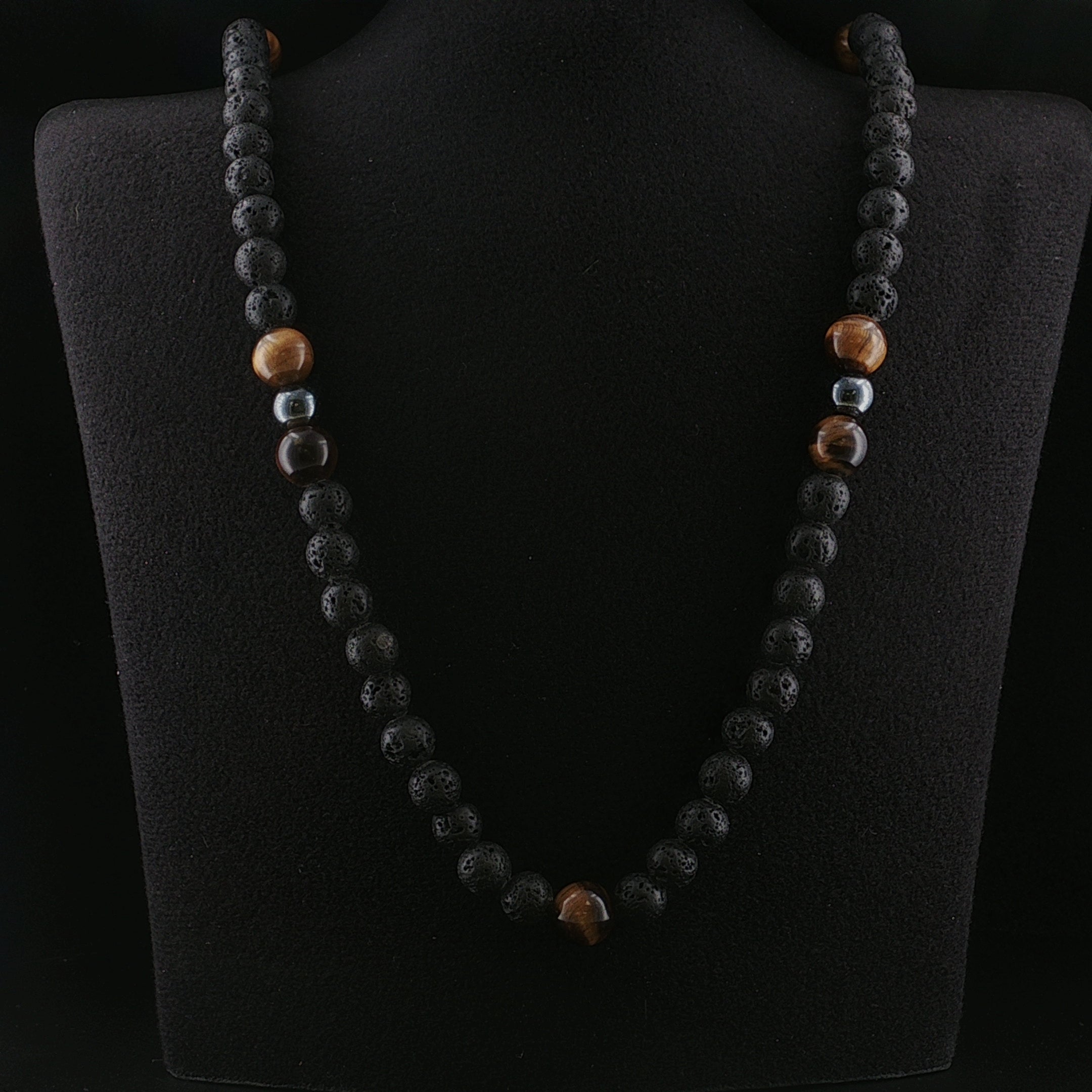 Herrenkette aus Lavastein mit Onyx-, Hämatit-Kugeln und Tigerauge