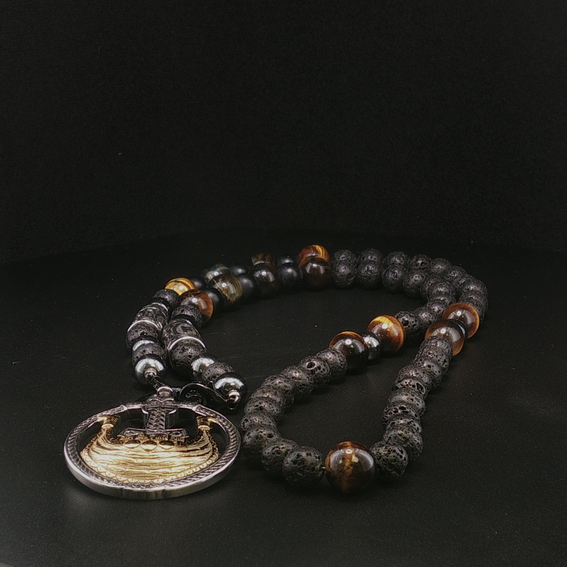 Herrenkette aus Lavastein mit Onyx-, Hämatit-Kugeln und Tigerauge