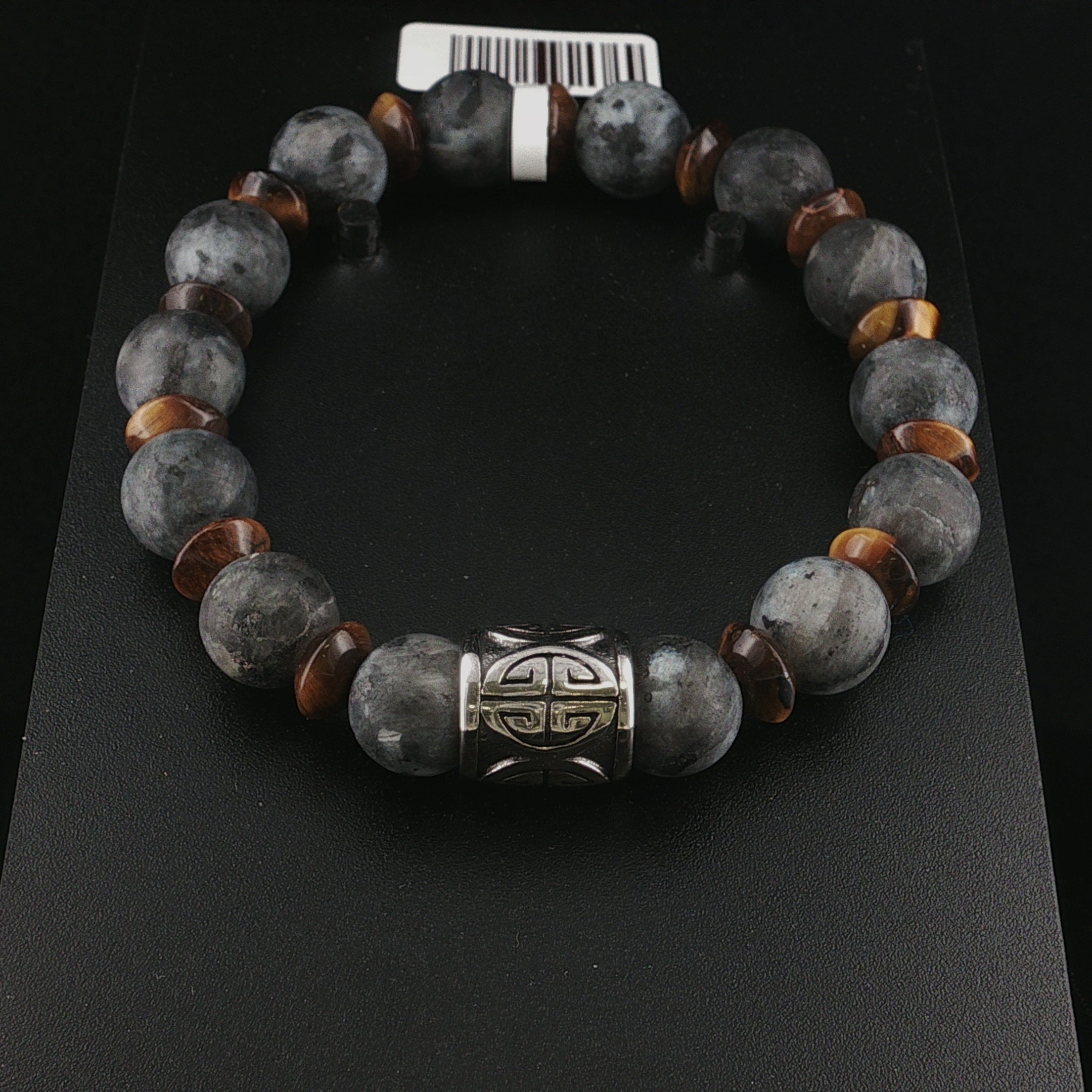 Elegante Armband-Komposition aus matten Labradorit-Kugeln und Tigerauge-Scheiben