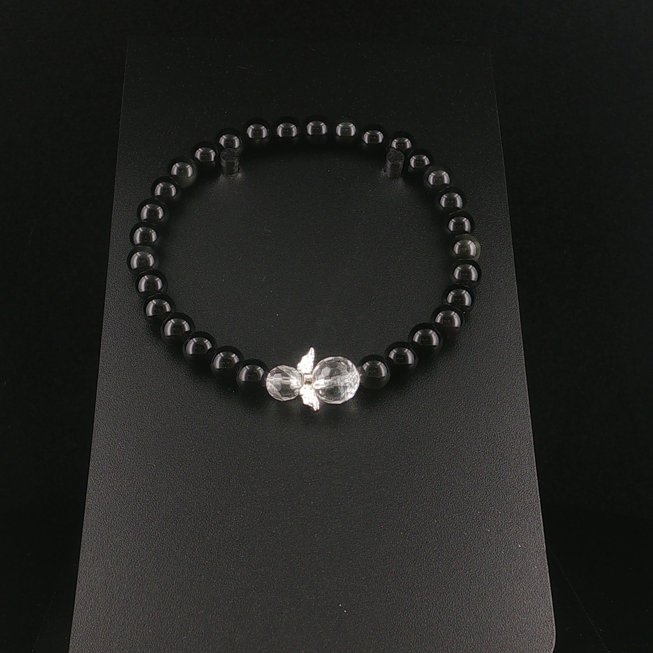 Elegantes silber Obsidian-Armband mit Bergkristall-Engel