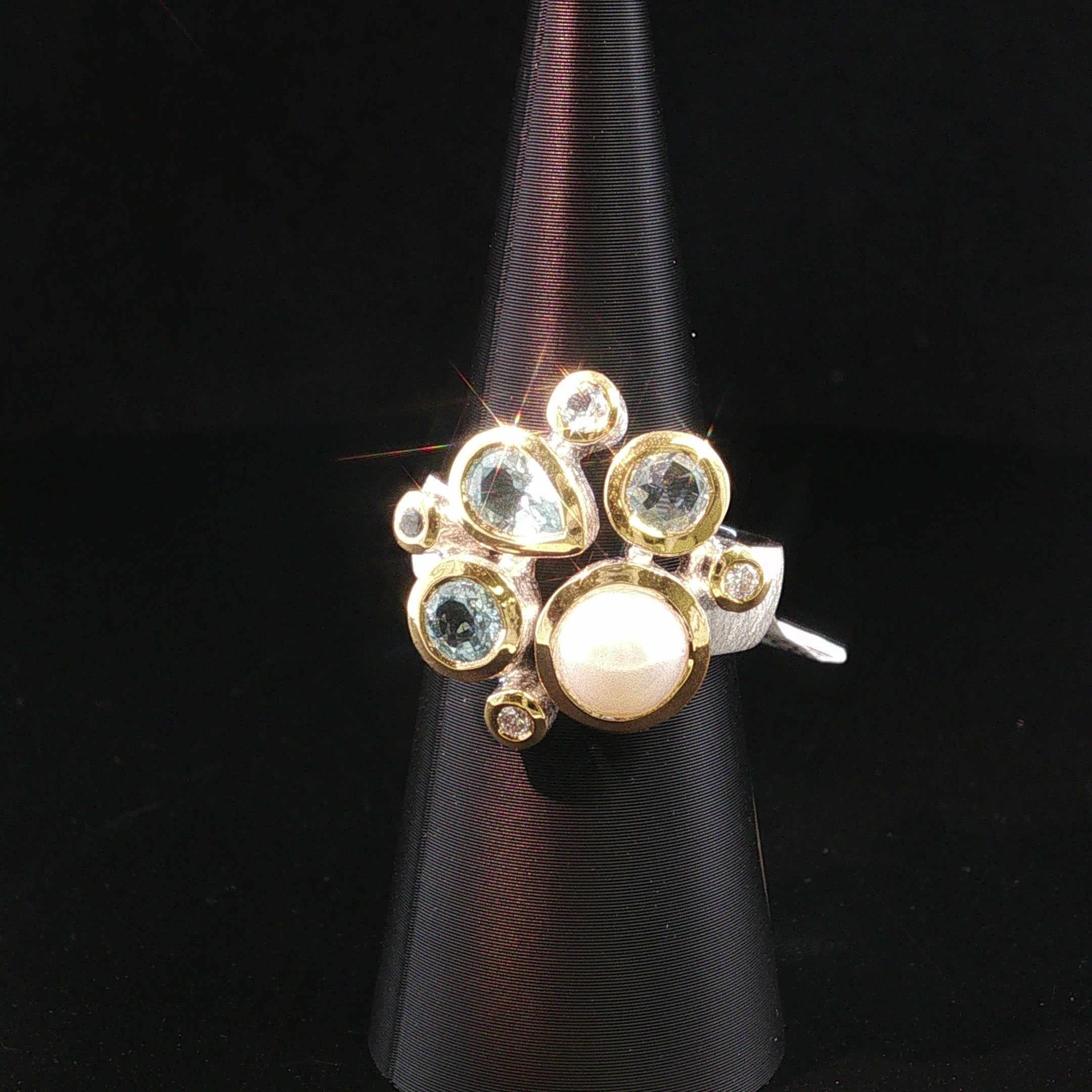 Cocktailring Perle mit Aquamarin und Diamanten – Vergoldetes Silber