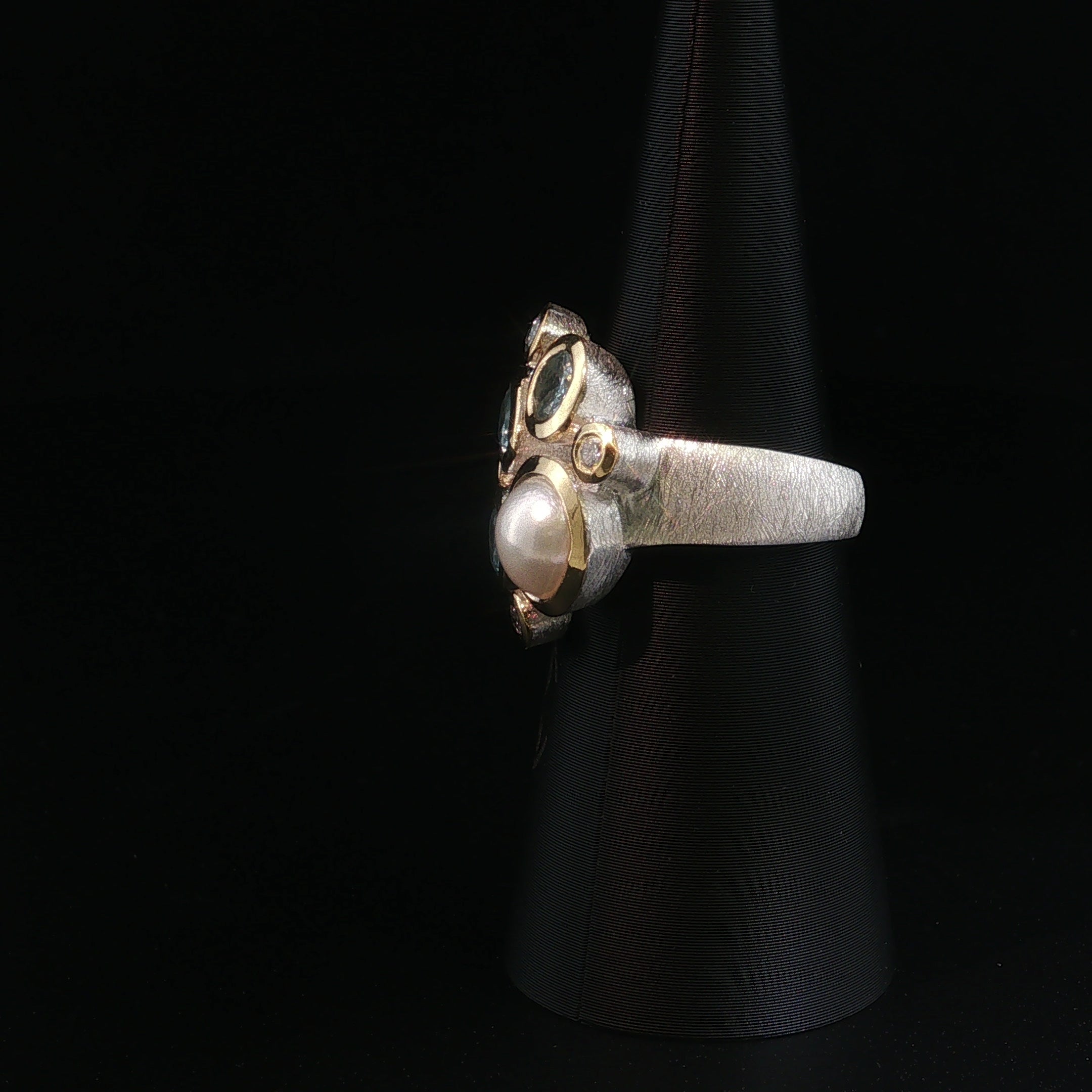 Cocktailring Perle mit Aquamarin und Diamanten – Vergoldetes Silber